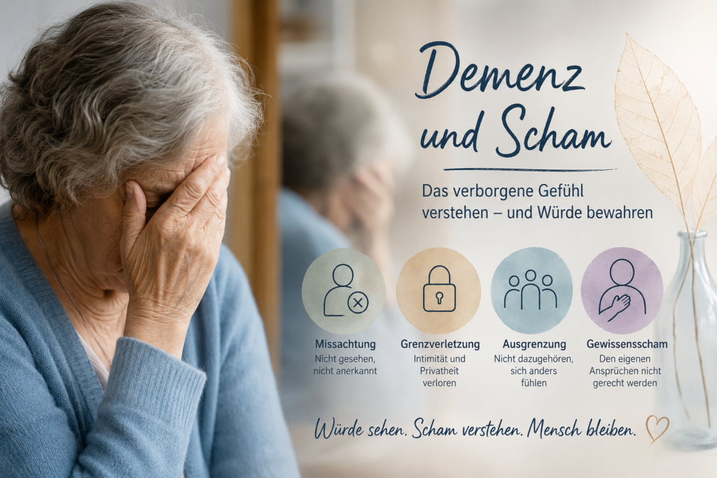 Eine ältere Frau verbirgt schützend ihr Gesicht in der Hand. Daneben steht der Titel „Demenz und Scham – Das verborgene Gefühl verstehen – und Würde bewahren“. Darunter werden die vier Formen der Scham (Missachtung, Grenzverletzung, Ausgrenzung und Gewissensscham) mit Symbolen erklärt.