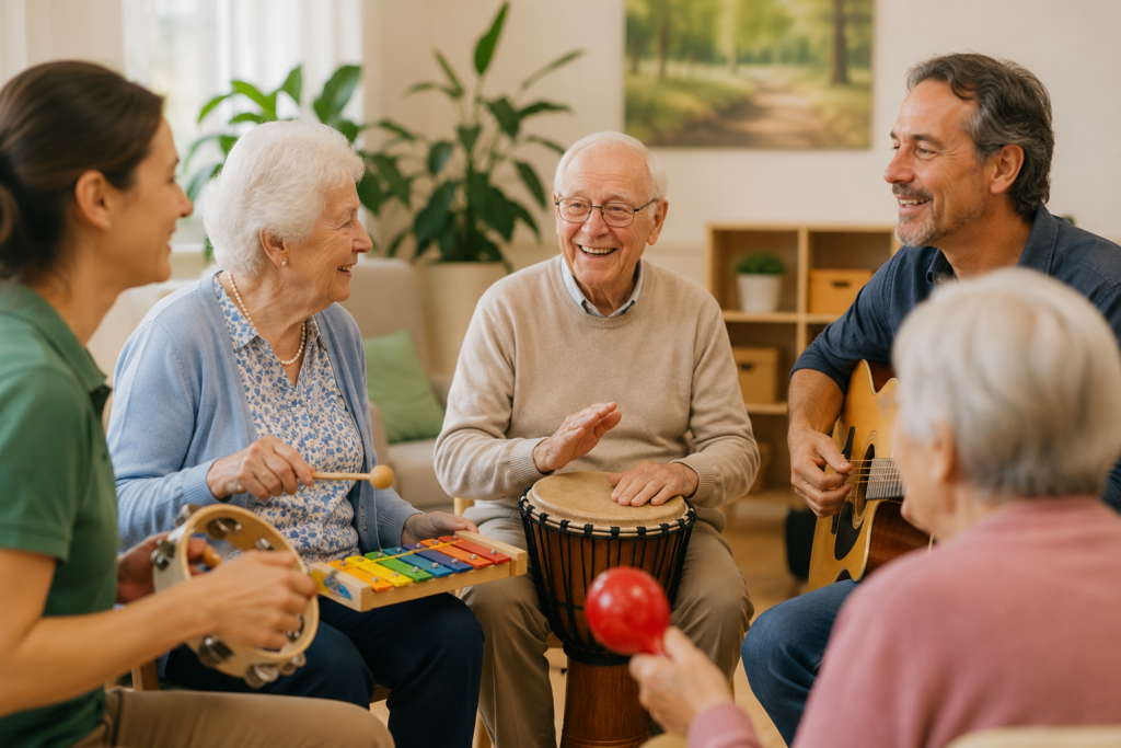 Fröhliche Senioren und Betreuende sitzen im Kreis und spielen gemeinsam Instrumente wie Gitarre, Trommel und Xylophon während einer Musiktherapie
