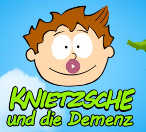 Titelbild des Animationsfilms Knietzsche und die Demenz. Ein lächelnder Zeichentrick-Junge vor blauem Himmel über dem leuchtend grünen Schriftzug Knietzsche und die Demenz. Ein Play-Button in der Mitte signalisiert ein Video.